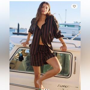 Aerie Two Piece Brown and Black Striped Oversized Shirt And Short Set